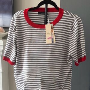 Gray and Red Striped Short Sleeve Top